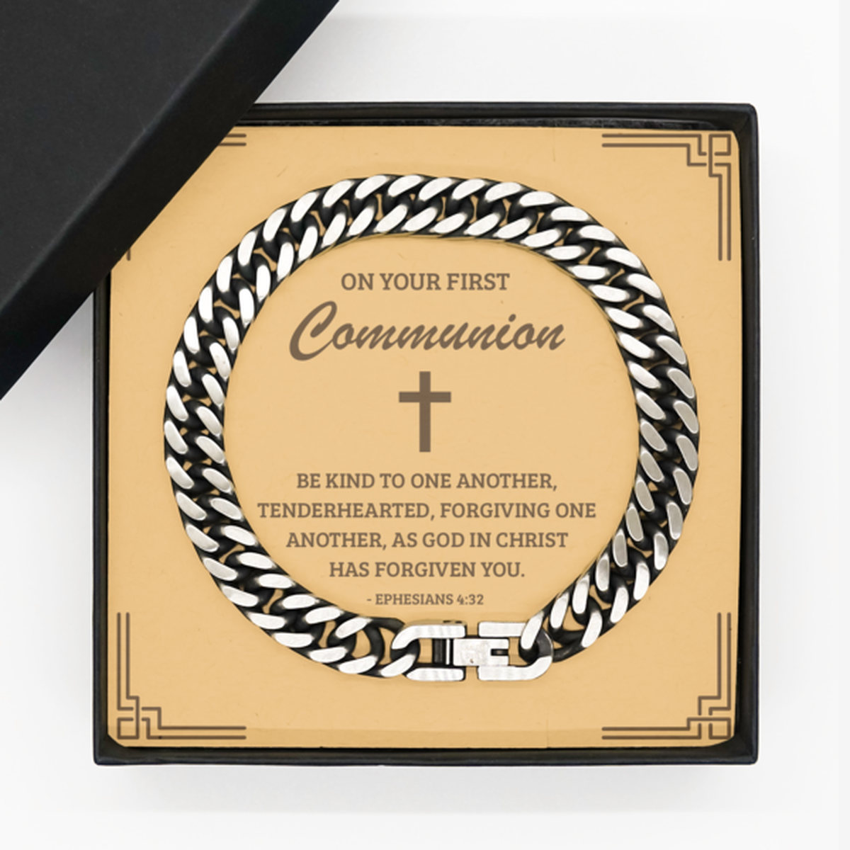 First Communion Gifts for Teenage Boys, Be kind to one another, Cuban Link Chain Bracelet with Bible Verse Message Card, Religious Catholic Bracelet for Son, Grandson, Dad, Godfather