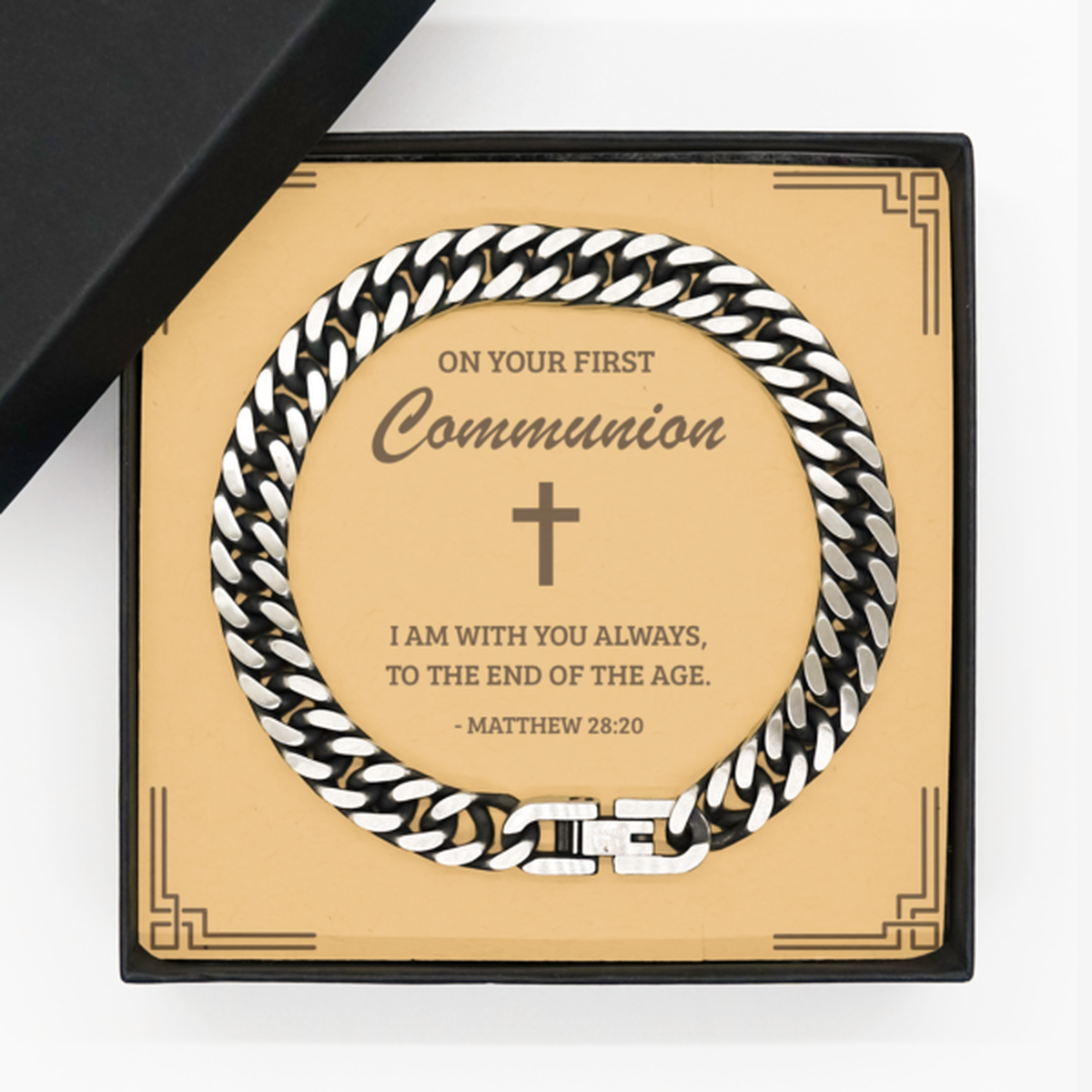 First Communion Gifts for Teenage Boys, I am with you always, Cuban Link Chain Bracelet with Bible Verse Message Card, Religious Catholic Bracelet for Son, Grandson, Dad, Godfather