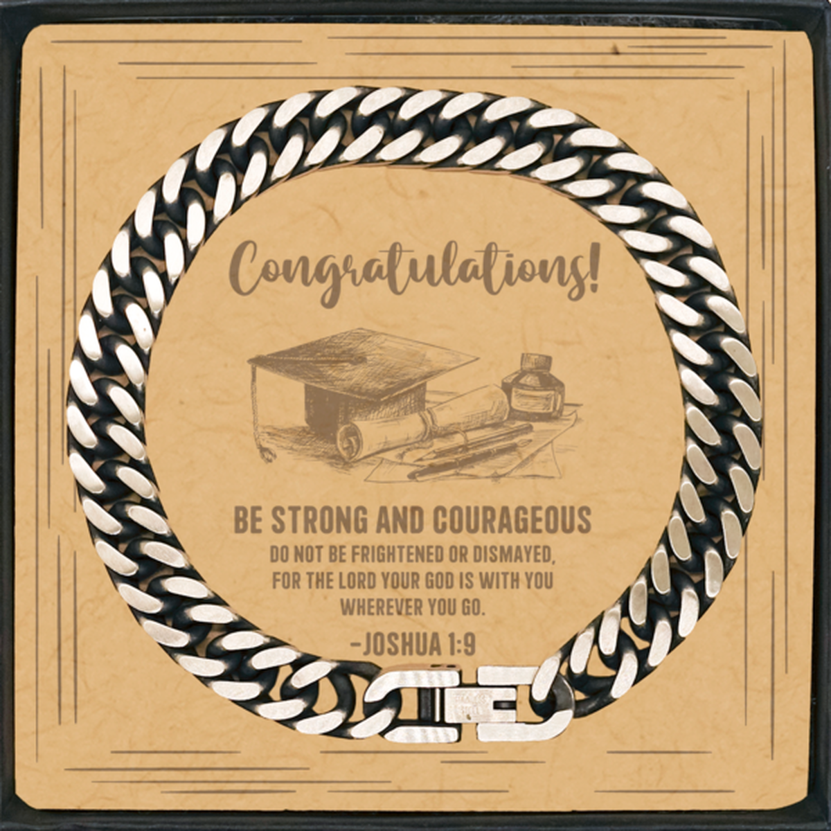 Religious Graduation Cards, Be strong and courageous, Bible Verse Cuban Link Chain Bracelet, Christian Graduation Gifts