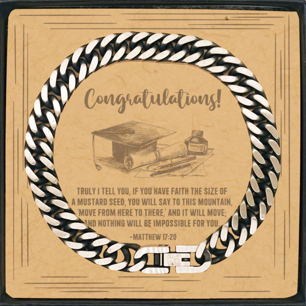 Religious Graduation Cards, Truly I tell you, if you have faith, Bible Verse Cuban Link Chain Bracelet, Christian Graduation Gifts