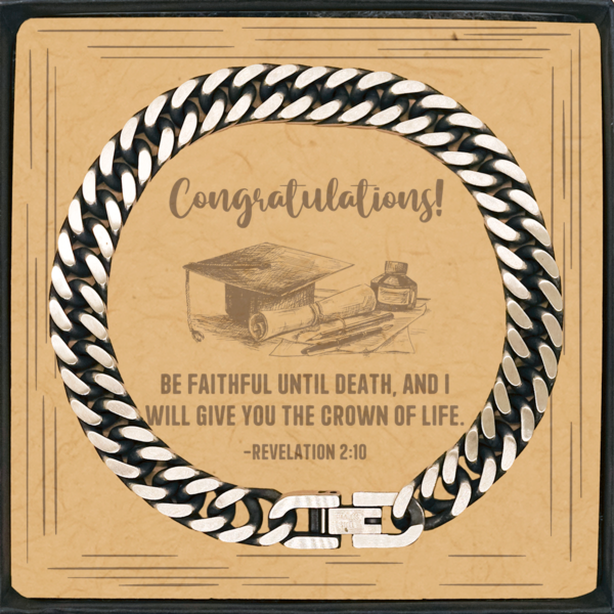 Religious Graduation Cards, Be faithful until death, Bible Verse Cuban Link Chain Bracelet, Christian Graduation Gifts