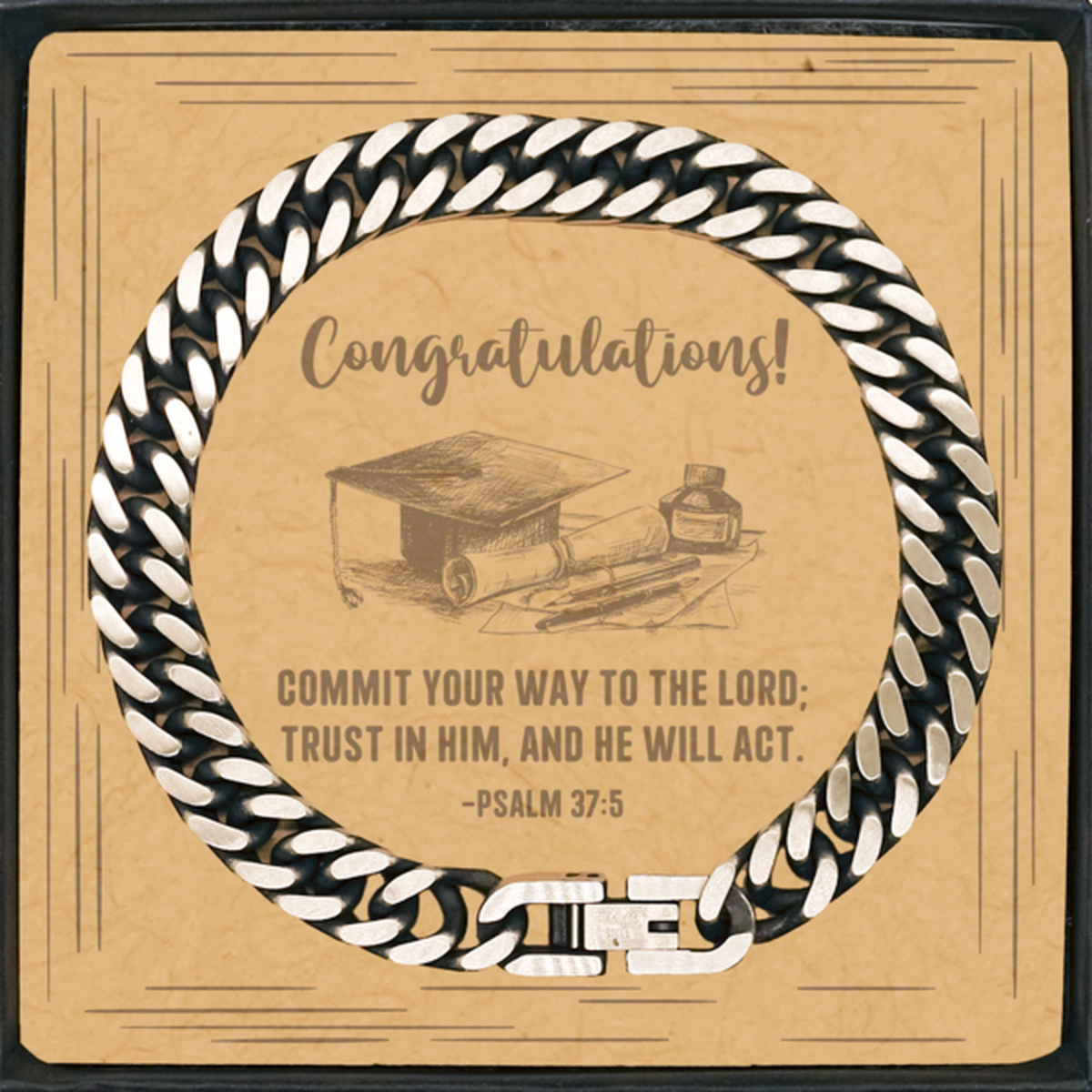 Religious Graduation Cards, Commit your way to the Lord, Bible Verse Cuban Link Chain Bracelet, Christian Graduation Gifts