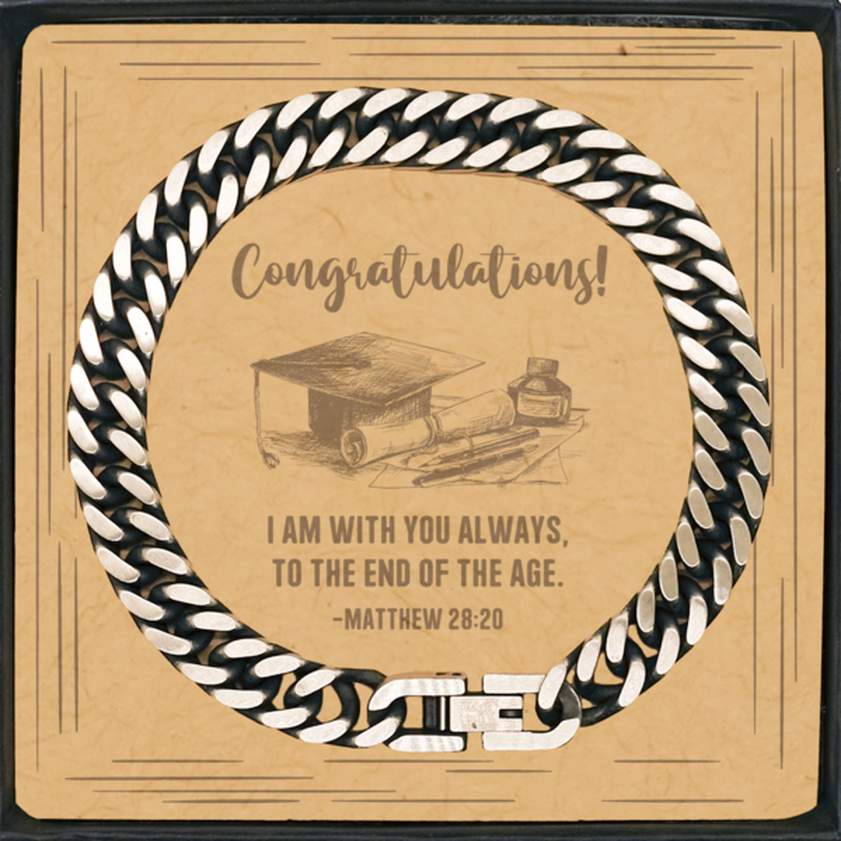Religious Graduation Cards, I am with you always, Bible Verse Cuban Link Chain Bracelet, Christian Graduation Gifts