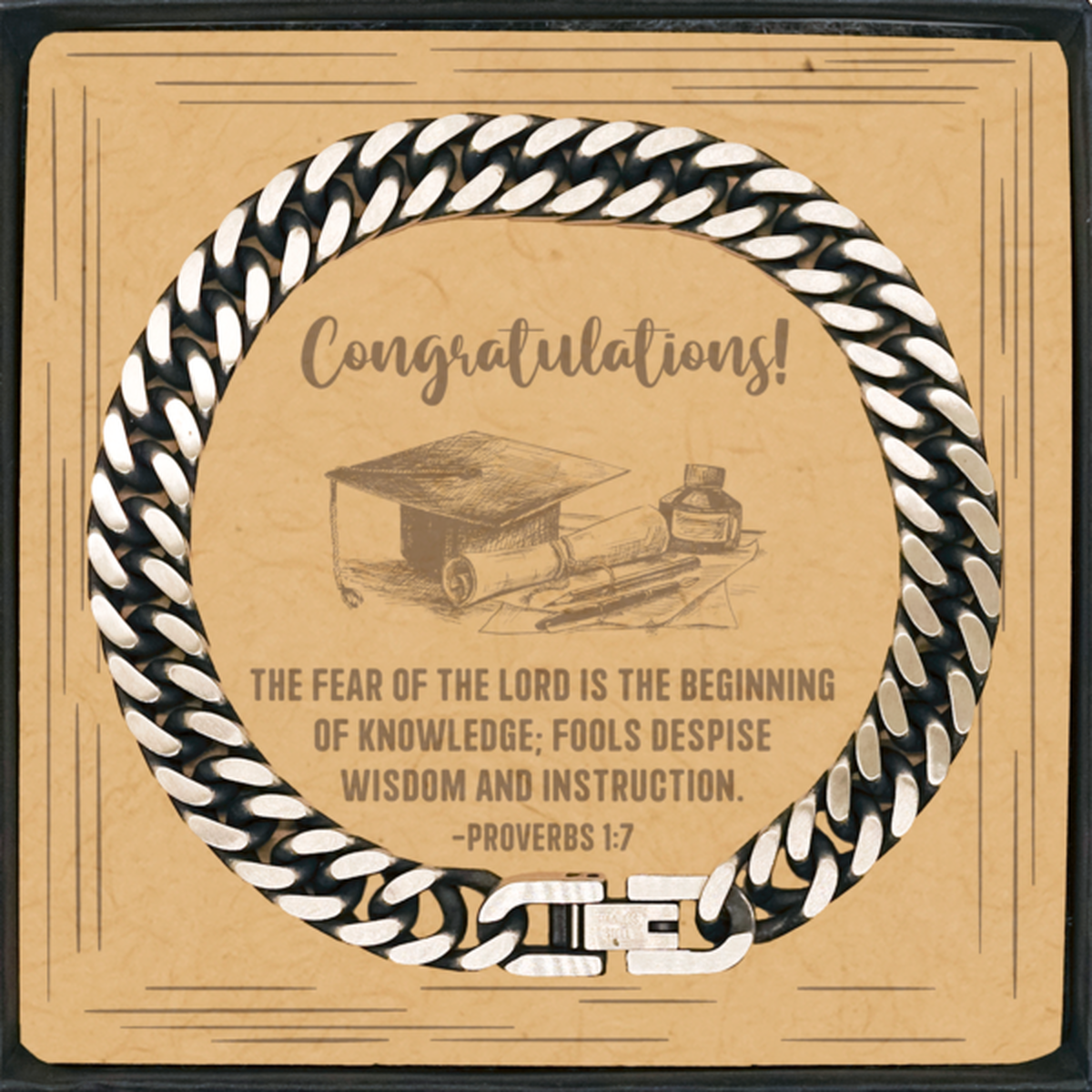 Religious Graduation Cards, The fear of the Lord is the beginning of knowledge, Bible Verse Cuban Link Chain Bracelet, Christian Graduation Gifts
