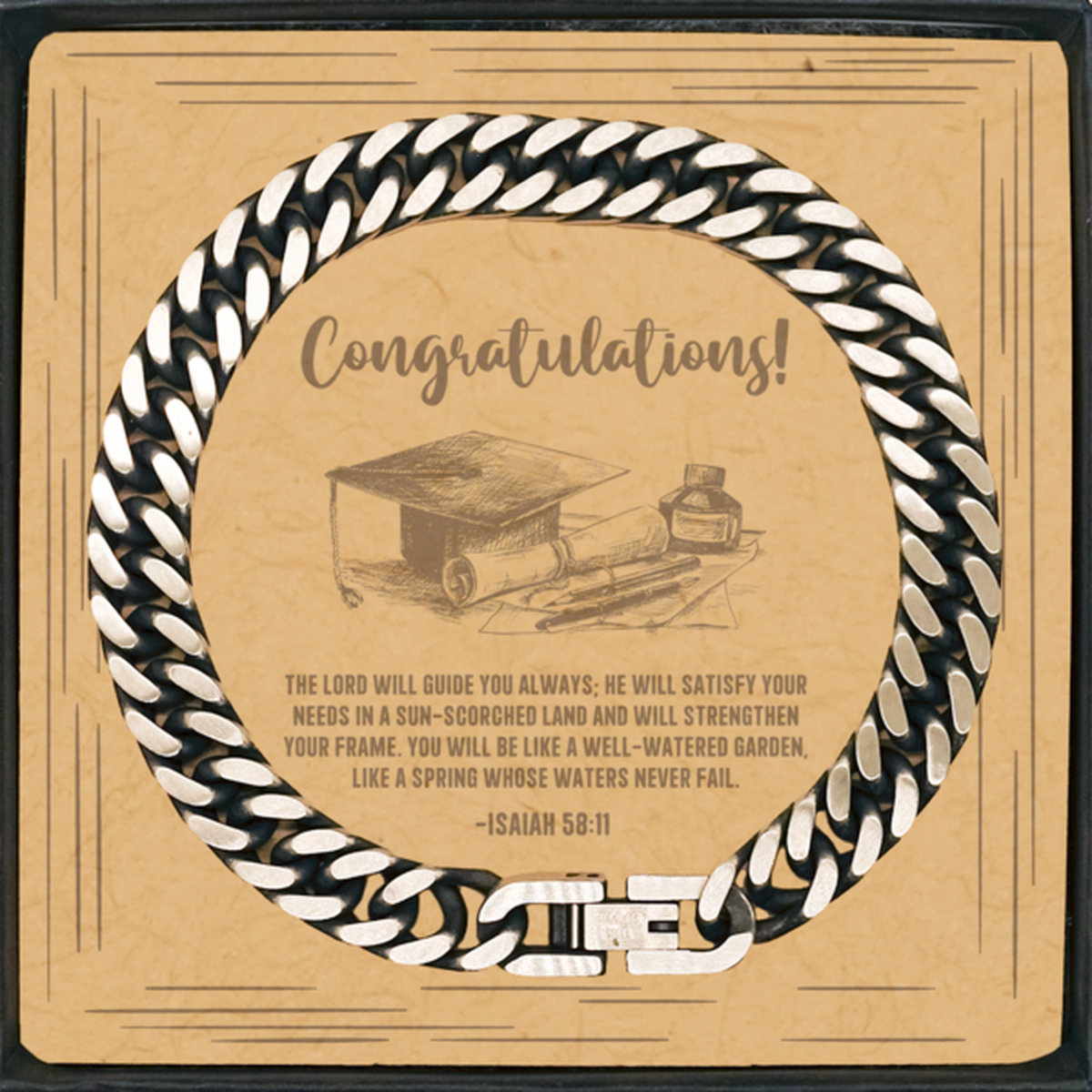 Religious Graduation Cards, The Lord will guide you always, Bible Verse Cuban Link Chain Bracelet, Christian Graduation Gifts
