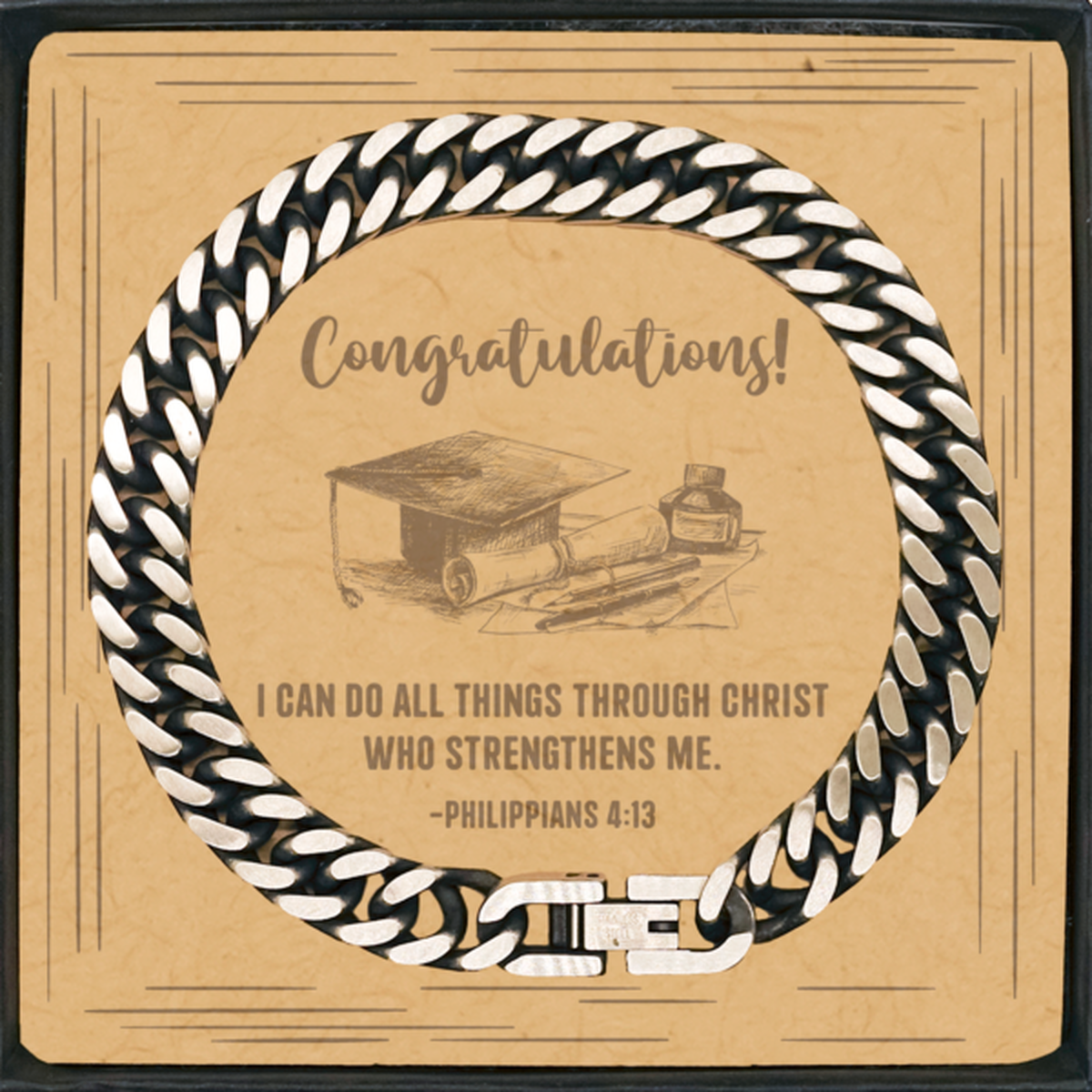 Religious Graduation Cards, I can do all things through Christ, Bible Verse Cuban Link Chain Bracelet, Christian Graduation Gifts