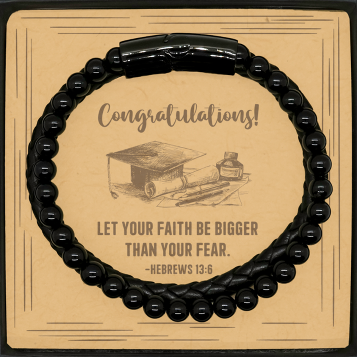 Religious Graduation Cards, Let your faith be bigger than your fear, Bible Verse Stone Leather Bracelet, Christian Graduation Gifts