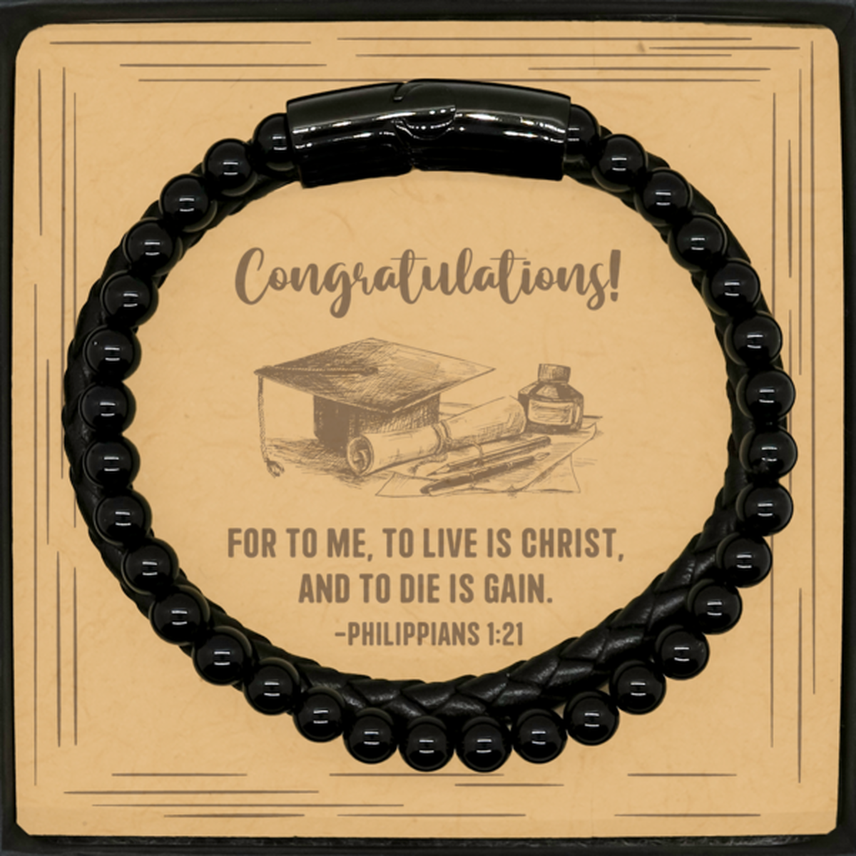 Religious Graduation Cards, For to me, to live is Christ, Bible Verse Stone Leather Bracelet, Christian Graduation Gifts