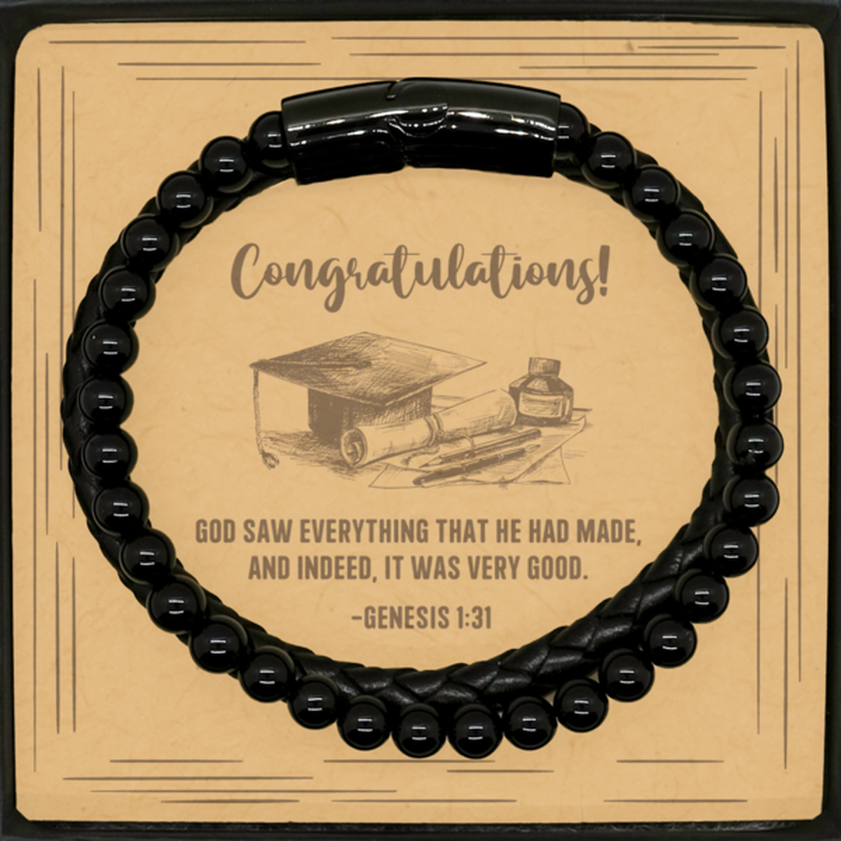 Religious Graduation Cards, God saw everything that he had made, Bible Verse Stone Leather Bracelet, Christian Graduation Gifts