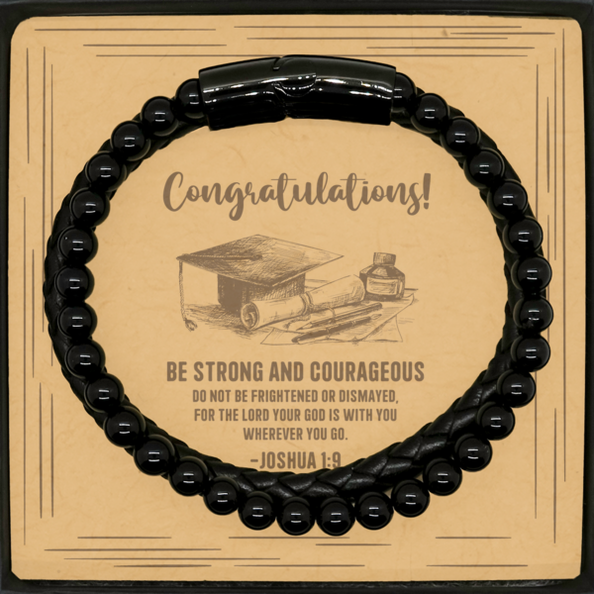 Religious Graduation Cards, Be strong and courageous, Bible Verse Stone Leather Bracelet, Christian Graduation Gifts
