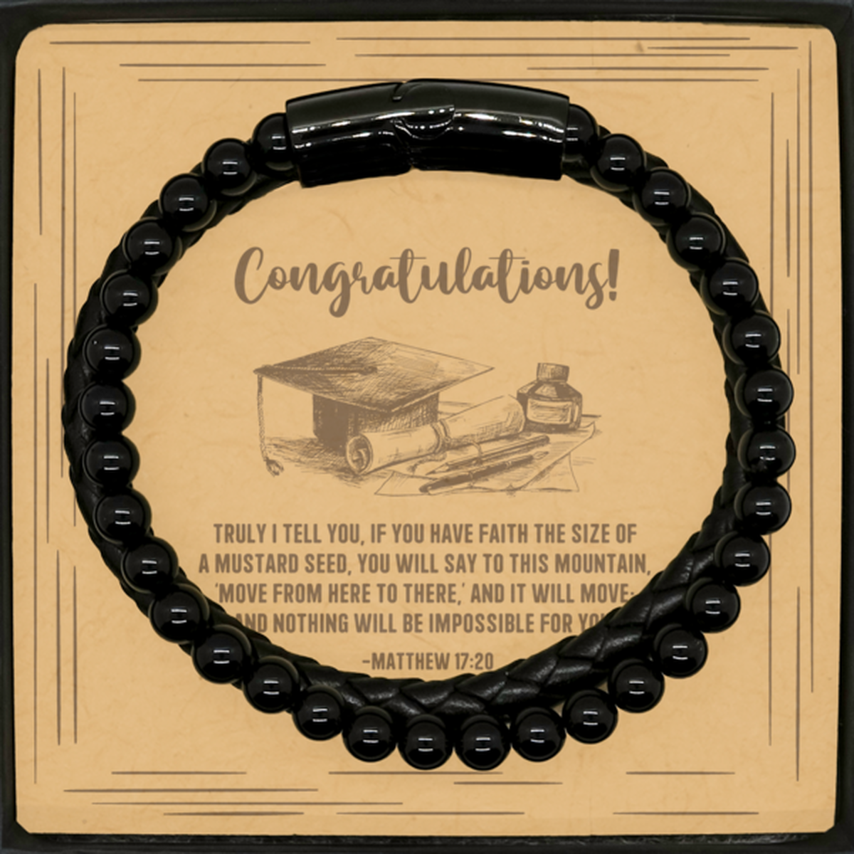 Religious Graduation Cards, Truly I tell you, if you have faith, Bible Verse Stone Leather Bracelet, Christian Graduation Gifts