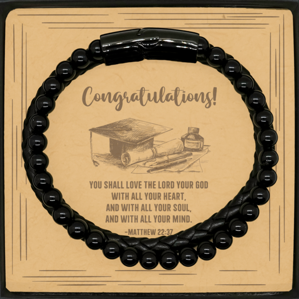 Religious Graduation Cards, You shall love the Lord your God, Bible Verse Stone Leather Bracelet, Christian Graduation Gifts