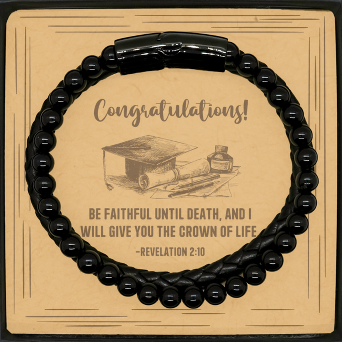Religious Graduation Cards, Be faithful until death, Bible Verse Stone Leather Bracelet, Christian Graduation Gifts