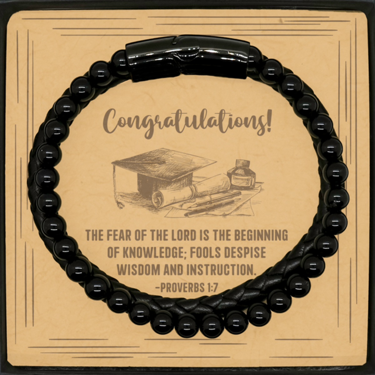 Religious Graduation Cards, The fear of the Lord is the beginning of knowledge, Bible Verse Stone Leather Bracelet, Christian Graduation Gifts