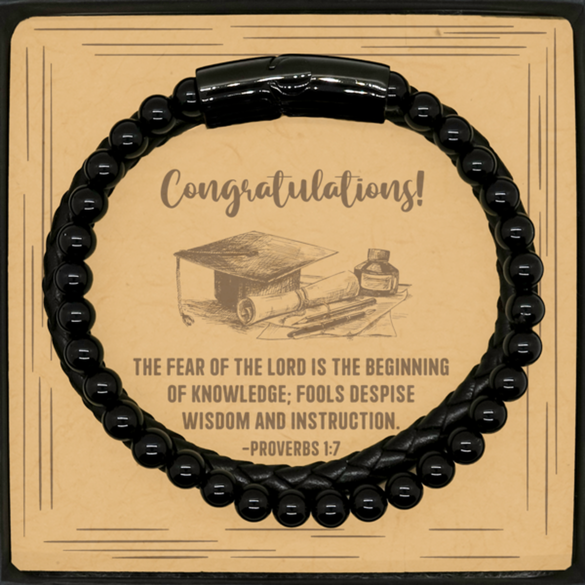 Religious Graduation Cards, The fear of the Lord is the beginning of knowledge, Bible Verse Stone Leather Bracelet, Christian Graduation Gifts