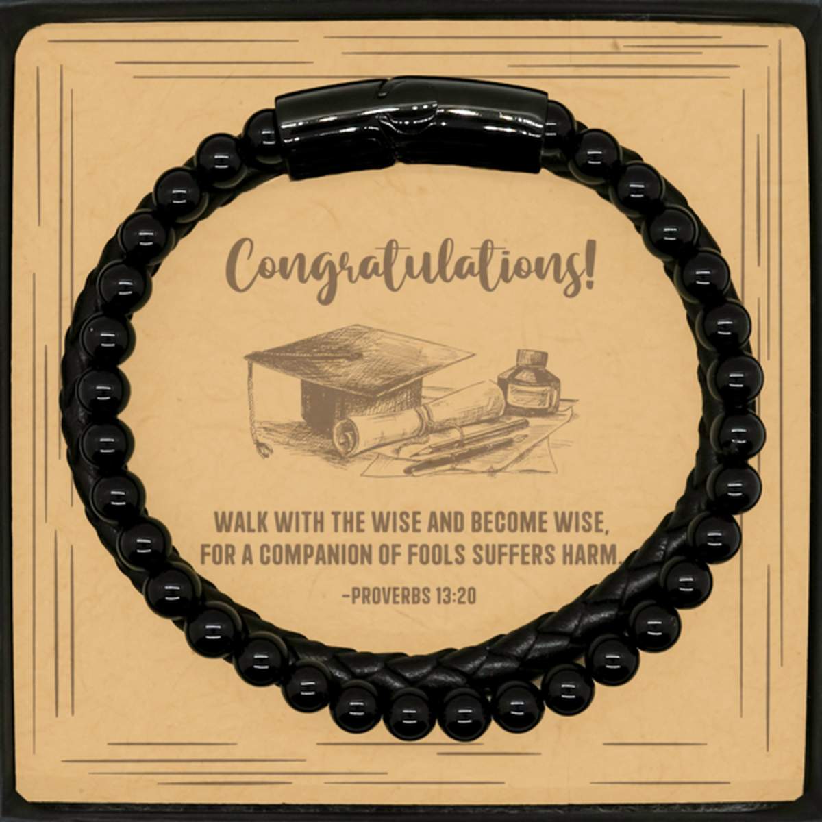 Religious Graduation Cards, Walk with the wise and become wise, Bible Verse Stone Leather Bracelet, Christian Graduation Gifts