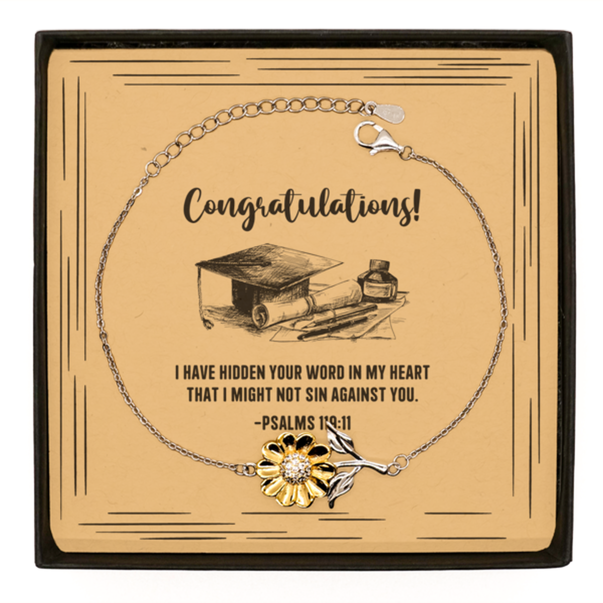 Religious Graduation Cards, I have hidden your word in my heart, Bible Verse .925 Sterling Silver Sunflower Bracelet, Christian Graduation Gifts