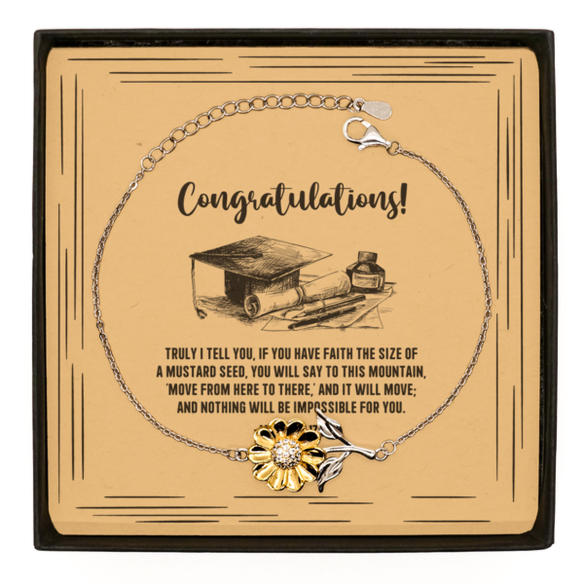 Religious Graduation Cards, Truly I tell you, if you have faith, Bible Verse .925 Sterling Silver Sunflower Bracelet, Christian Graduation Gifts