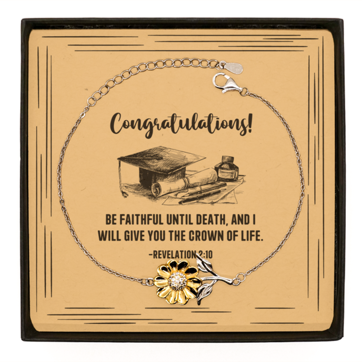 Religious Graduation Cards, Be faithful until death, Bible Verse .925 Sterling Silver Sunflower Bracelet, Christian Graduation Gifts