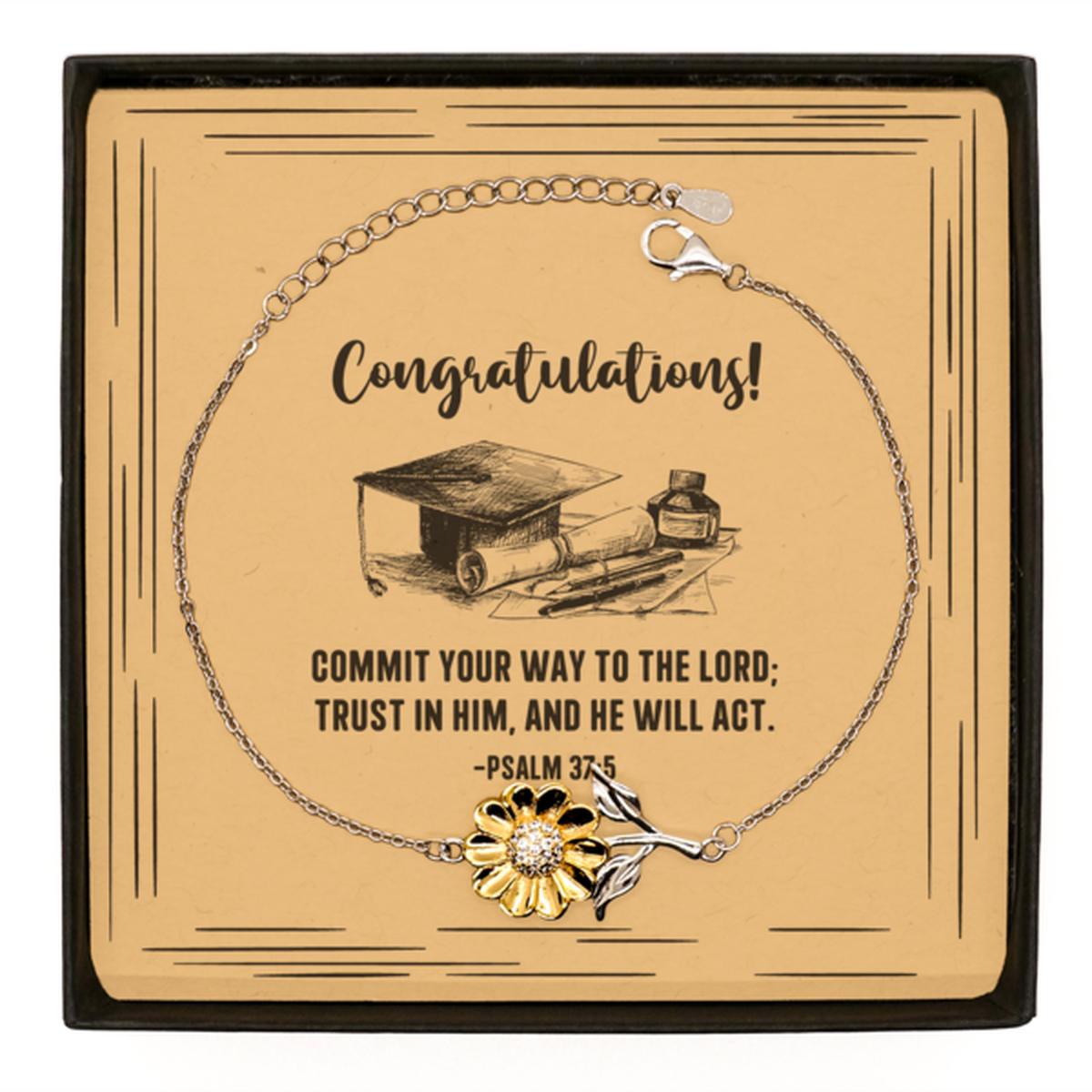 Religious Graduation Cards, Commit your way to the Lord, Bible Verse .925 Sterling Silver Sunflower Bracelet, Christian Graduation Gifts