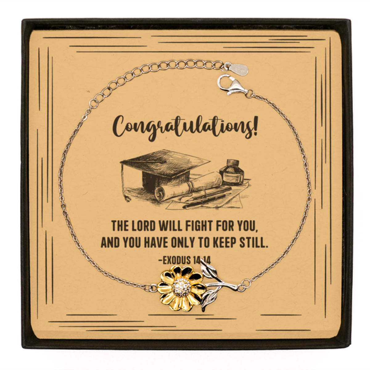 Religious Graduation Cards, The Lord will fight for you, Bible Verse .925 Sterling Silver Sunflower Bracelet, Christian Graduation Gifts