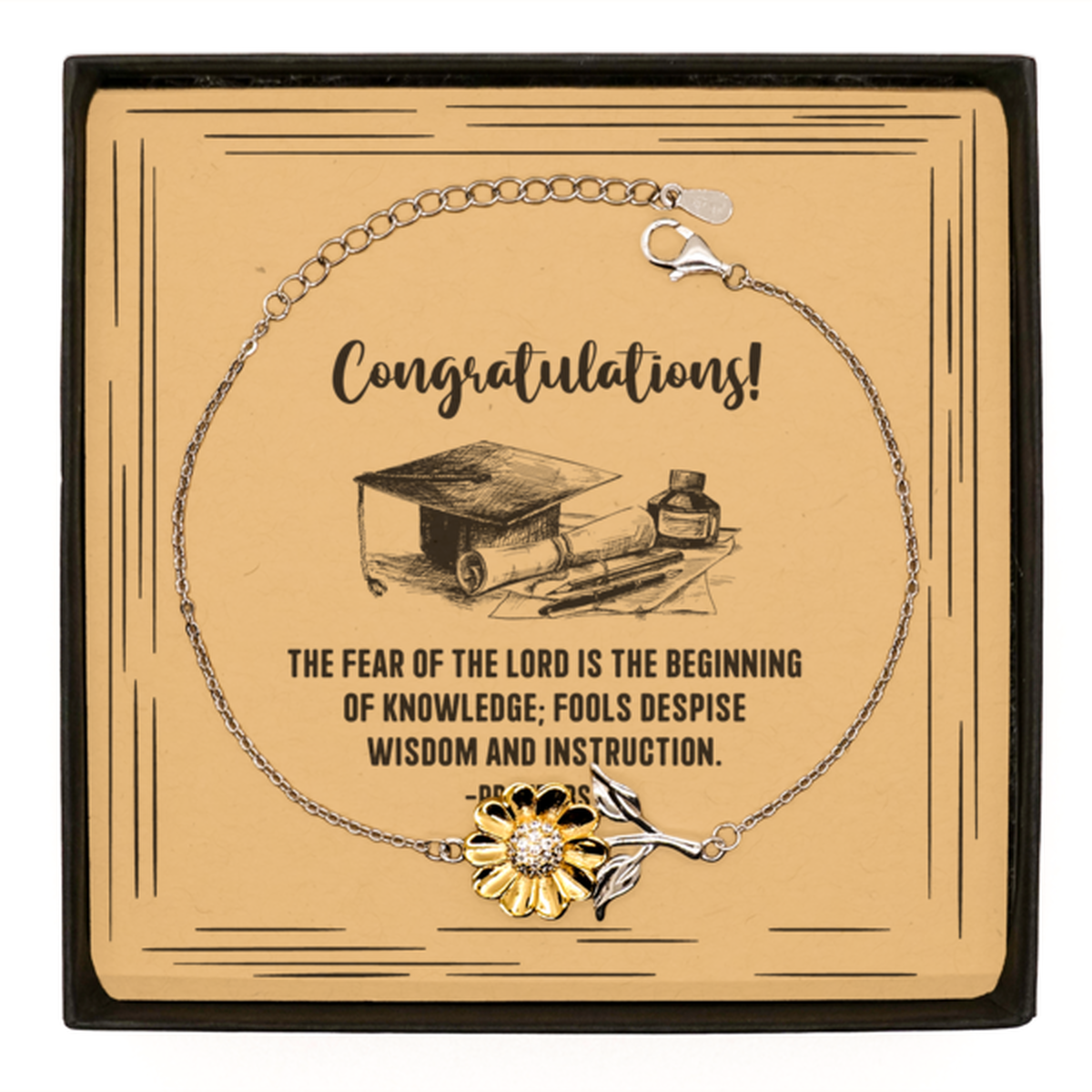 Religious Graduation Cards, The fear of the Lord is the beginning of knowledge, Bible Verse .925 Sterling Silver Sunflower Bracelet, Christian Graduation Gifts