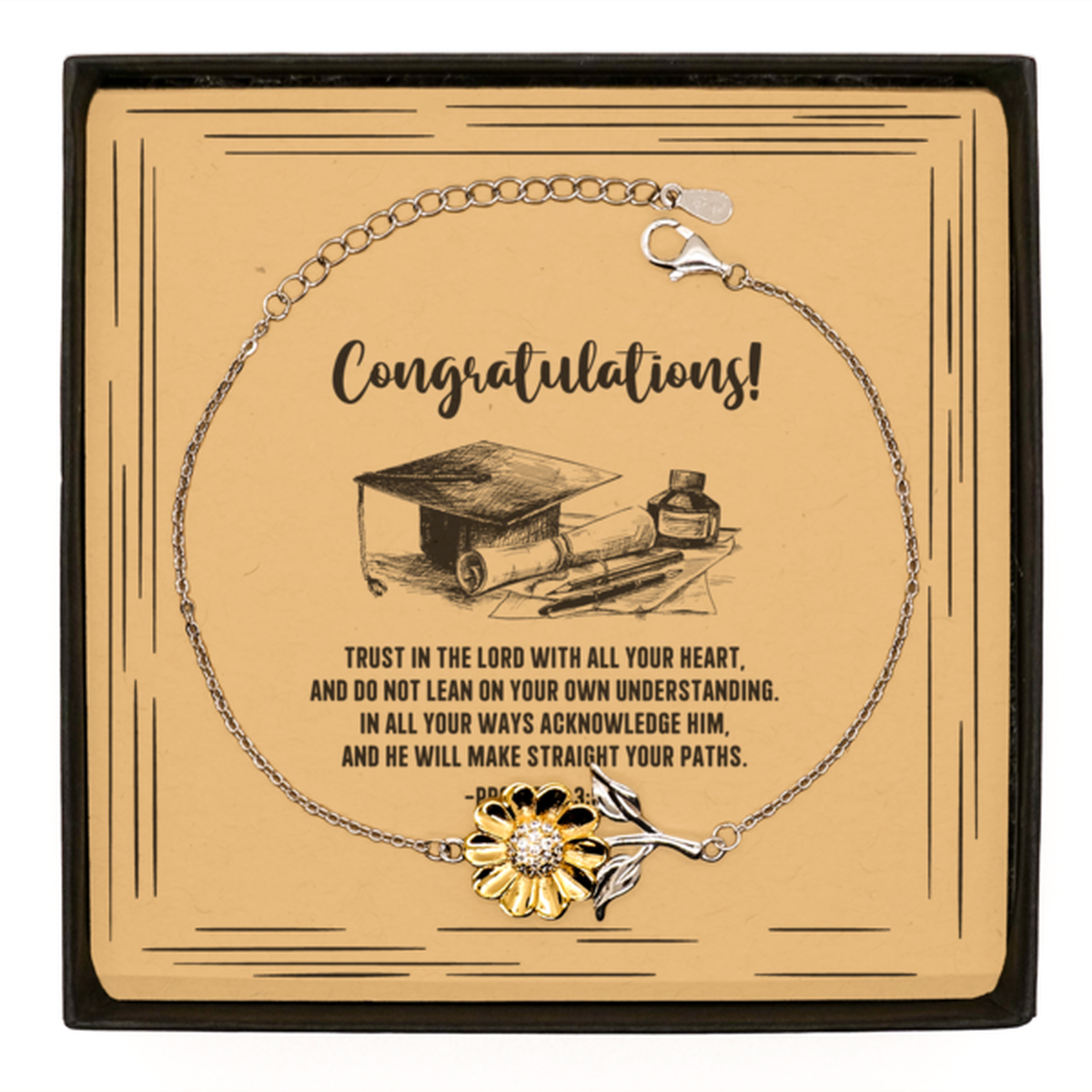 Religious Graduation Cards, Trust in the Lord with all your heart, Bible Verse .925 Sterling Silver Sunflower Bracelet, Christian Graduation Gifts