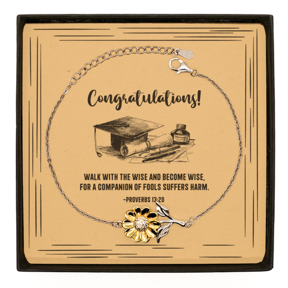 Religious Graduation Cards, Walk with the wise and become wise, Bible Verse .925 Sterling Silver Sunflower Bracelet, Christian Graduation Gifts