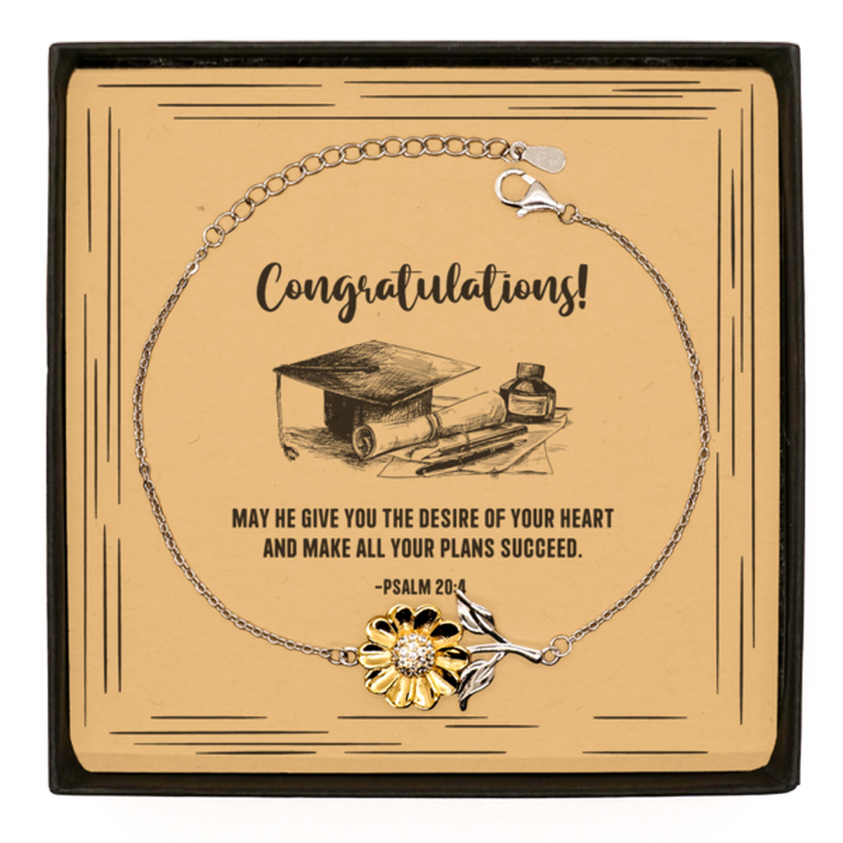 Religious Graduation Cards, May he give you the desire of your heart, Bible Verse .925 Sterling Silver Sunflower Bracelet, Christian Graduation Gifts