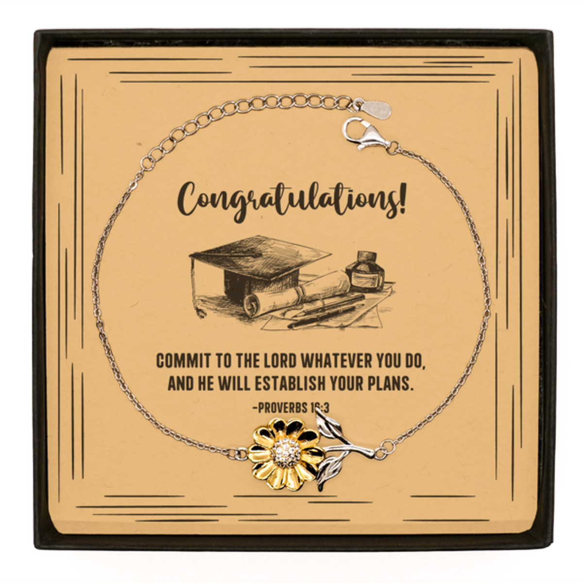 Religious Graduation Cards, Commit to the Lord whatever you do, Bible Verse .925 Sterling Silver Sunflower Bracelet, Christian Graduation Gifts
