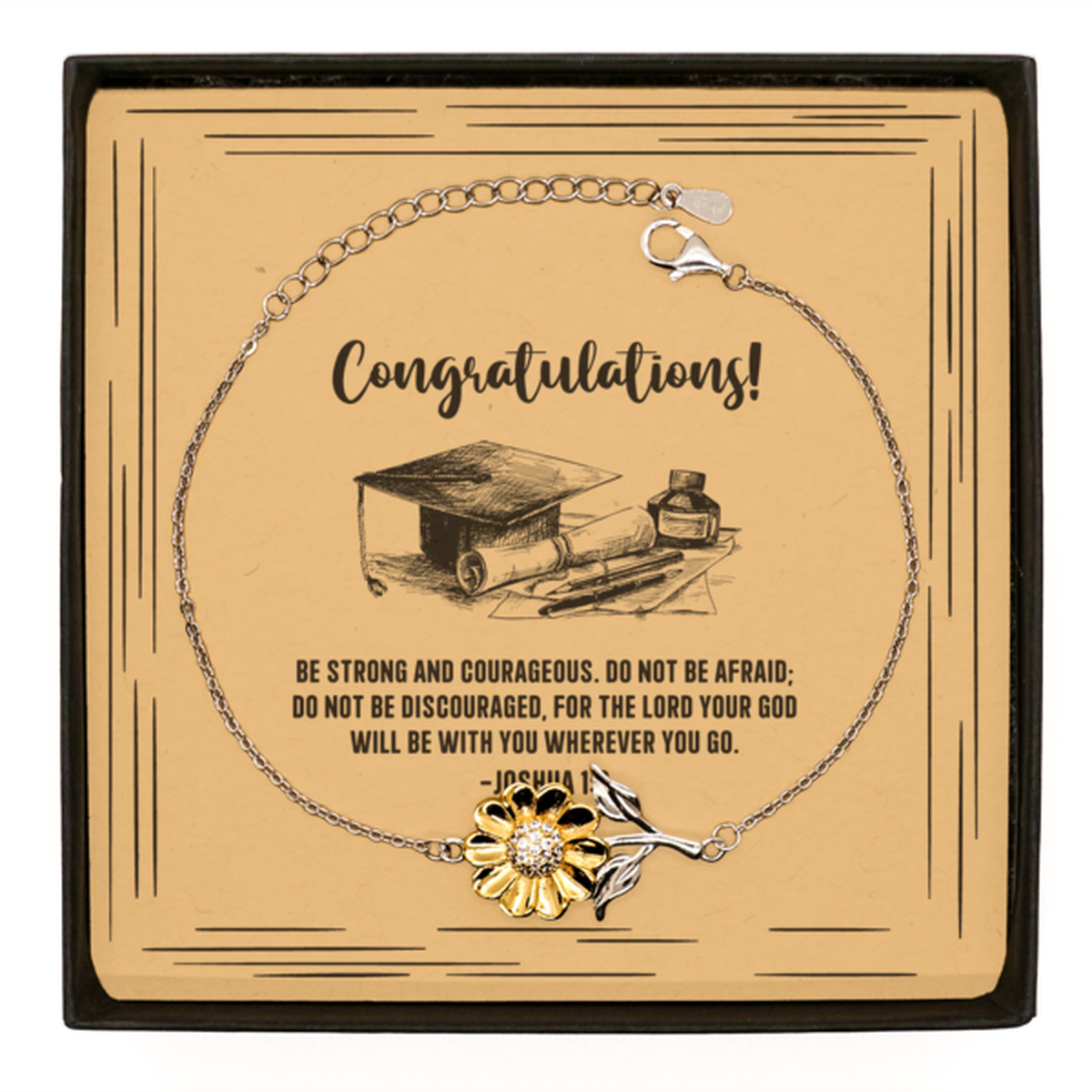 Religious Graduation Cards, God will be with you wherever you go, Bible Verse .925 Sterling Silver Sunflower Bracelet, Christian Graduation Gifts