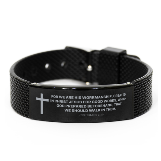 Baptism Gifts For Teenage Boys Girls, Christian Bible Verse Black Shark Mesh Bracelet, For we are His workmanship, Catholic Confirmation Gifts for Son, Godson, Grandson, Nephew