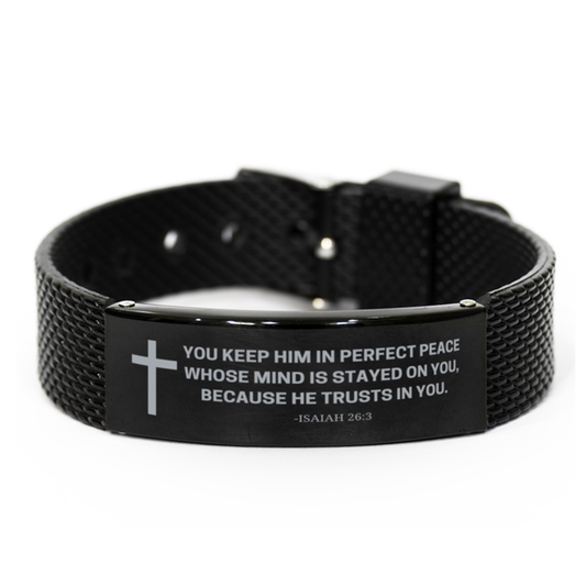 Baptism Gifts For Teenage Boys Girls, Christian Bible Verse Black Shark Mesh Bracelet, You keep him in perfect peace, Catholic Confirmation Gifts for Son, Godson, Grandson, Nephew