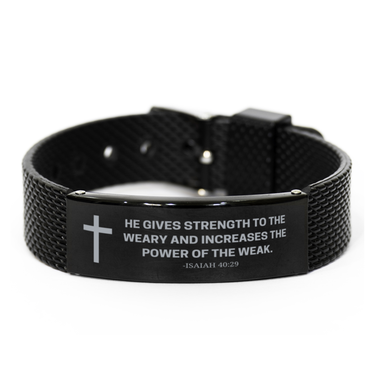 Baptism Gifts For Teenage Boys Girls, Christian Bible Verse Black Shark Mesh Bracelet, He gives strength to the weary, Catholic Confirmation Gifts for Son, Godson, Grandson, Nephew