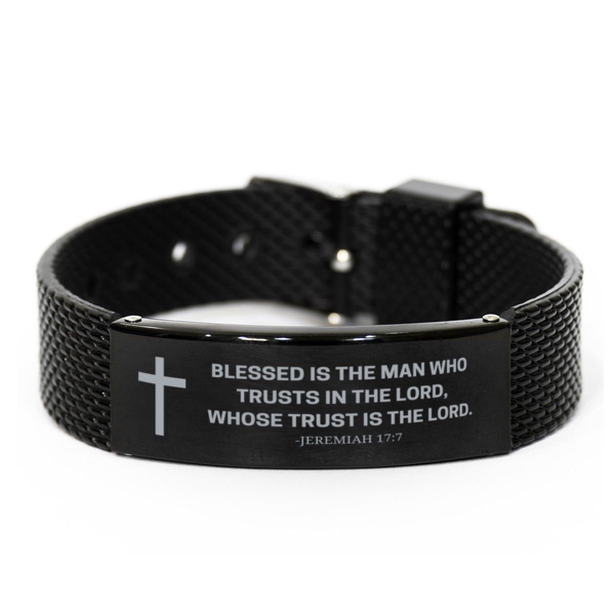 Baptism Gifts For Teenage Boys Girls, Christian Bible Verse Black Shark Mesh Bracelet, Blessed is the man who trusts, Catholic Confirmation Gifts for Son, Godson, Grandson, Nephew