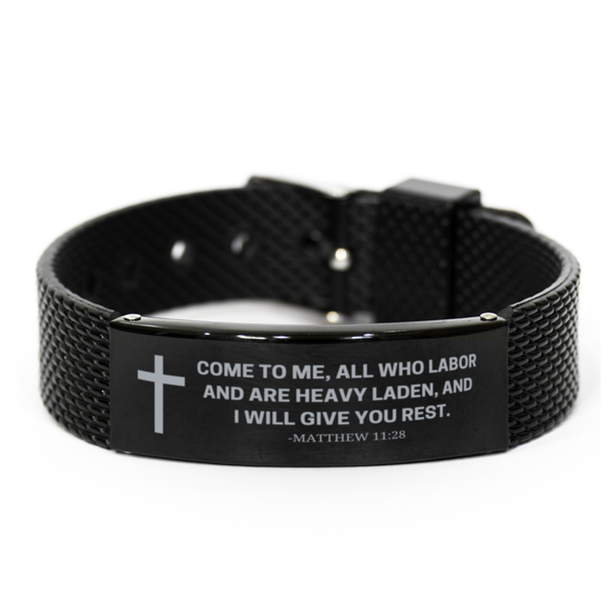 Baptism Gifts For Teenage Boys Girls, Christian Bible Verse Black Shark Mesh Bracelet, Come to me, all who labor, Catholic Confirmation Gifts for Son, Godson, Grandson, Nephew