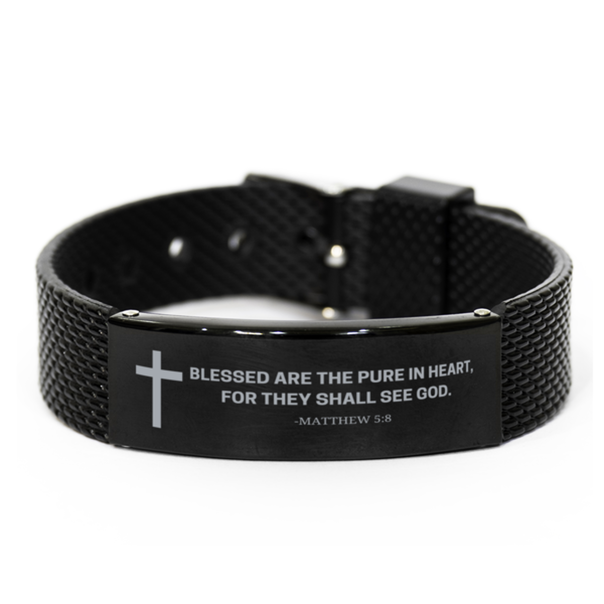 Baptism Gifts For Teenage Boys Girls, Christian Bible Verse Black Shark Mesh Bracelet, Blessed are the pure in heart, Catholic Confirmation Gifts for Son, Godson, Grandson, Nephew
