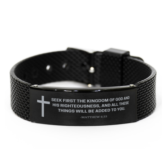 Baptism Gifts For Teenage Boys Girls, Christian Bible Verse Black Shark Mesh Bracelet, Seek first the kingdom of God, Catholic Confirmation Gifts for Son, Godson, Grandson, Nephew