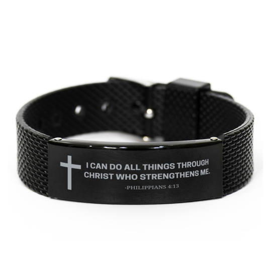 Baptism Gifts For Teenage Boys Girls, Christian Bible Verse Black Shark Mesh Bracelet, I can do all things through Christ, Catholic Confirmation Gifts for Son, Godson, Grandson, Nephew