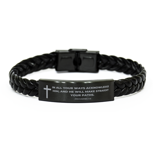 Baptism Gifts For Teenage Boys Girls, Christian Bible Verse Braided Leather Bracelet, In all your ways acknowledge Him, Catholic Confirmation Gifts for Son, Godson, Grandson, Nephew