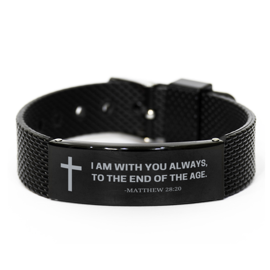 Baptism Gifts For Teenage Boys Girls, Christian Bible Verse Black Shark Mesh Bracelet, I am with you always, Catholic Confirmation Gifts for Son, Godson, Grandson, Nephew