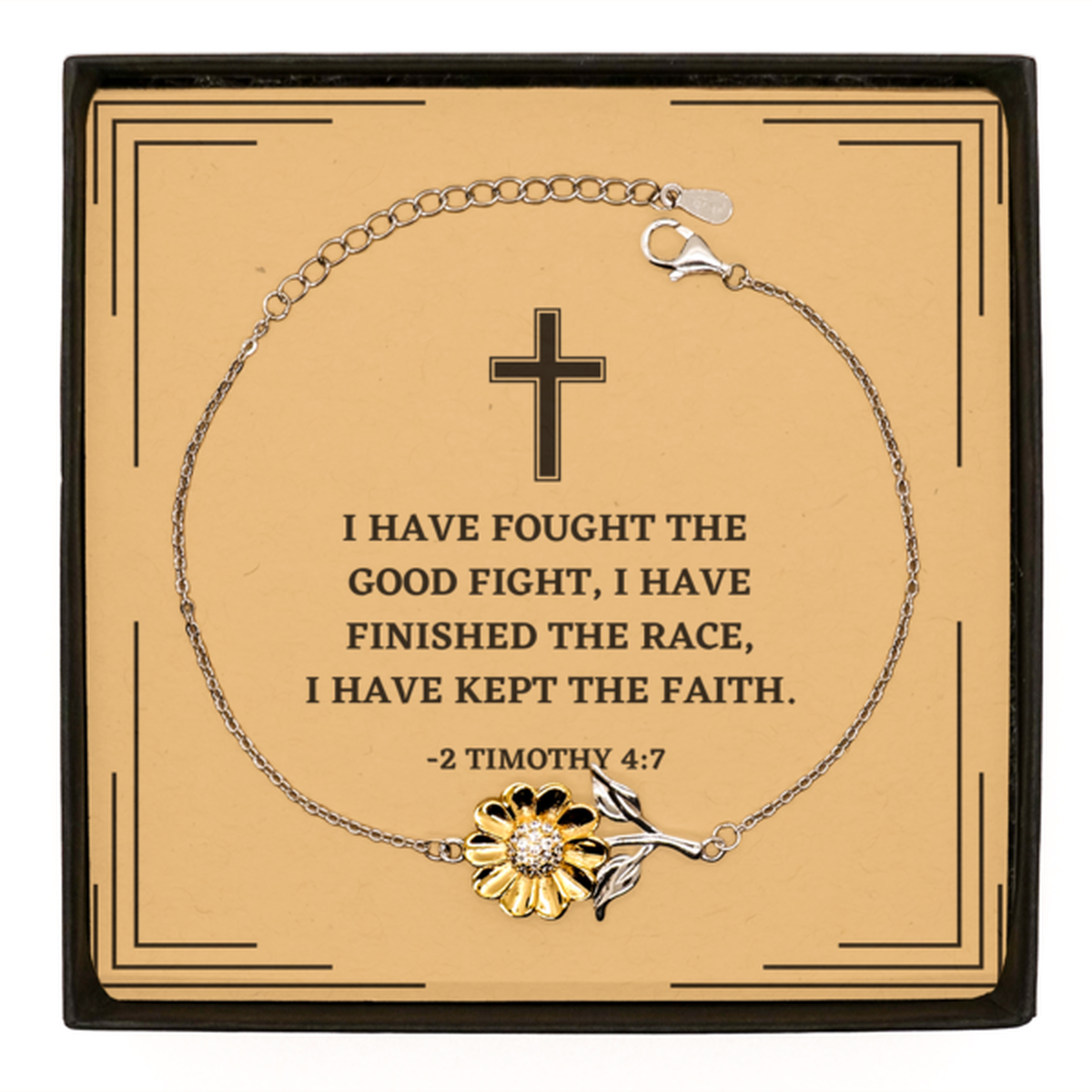 Baptism Gifts For Teenage Boys Girls, Christian Bible Verse Sterling Silver Sunflower Bracelet, I have fought the good fight, Confirmation Gifts, Bible Verse Card for Son, Godson, Grandson