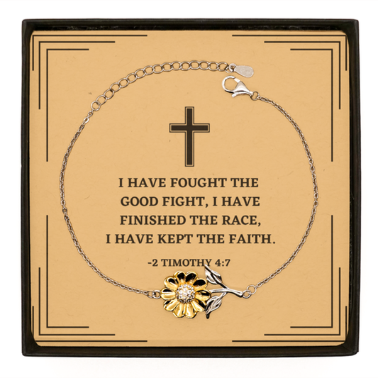 Baptism Gifts For Teenage Boys Girls, Christian Bible Verse Sterling Silver Sunflower Bracelet, I have fought the good fight, Confirmation Gifts, Bible Verse Card for Son, Godson, Grandson