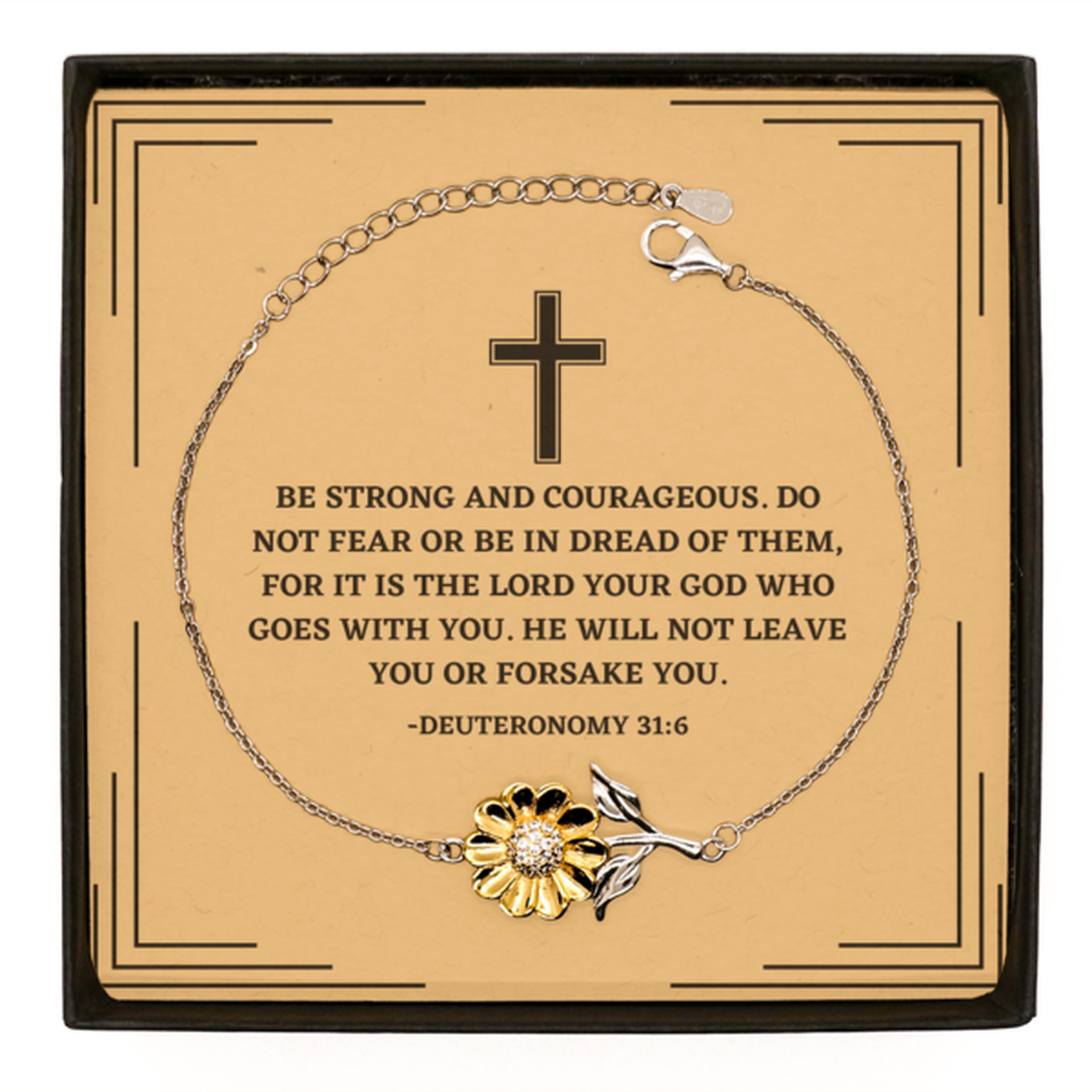 Baptism Gifts For Teenage Boys Girls, Christian Bible Verse Sterling Silver Sunflower Bracelet, Be strong and courageous, Confirmation Gifts, Bible Verse Card for Son, Godson, Grandson