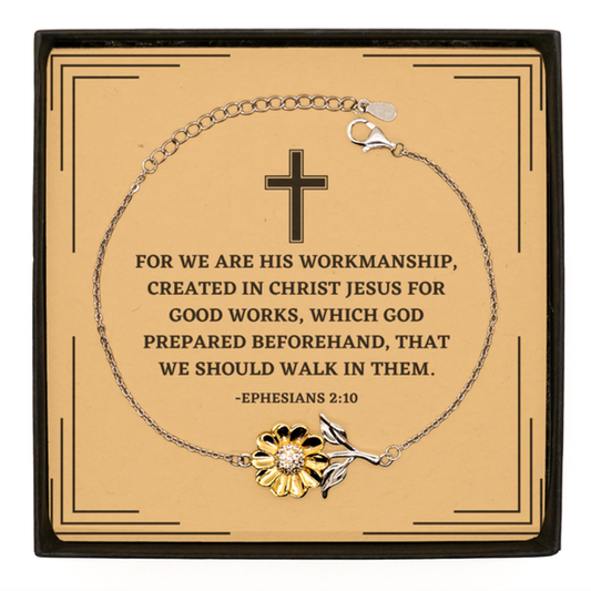 Baptism Gifts For Teenage Boys Girls, Christian Bible Verse Sterling Silver Sunflower Bracelet, For we are His workmanship, Confirmation Gifts, Bible Verse Card for Son, Godson, Grandson
