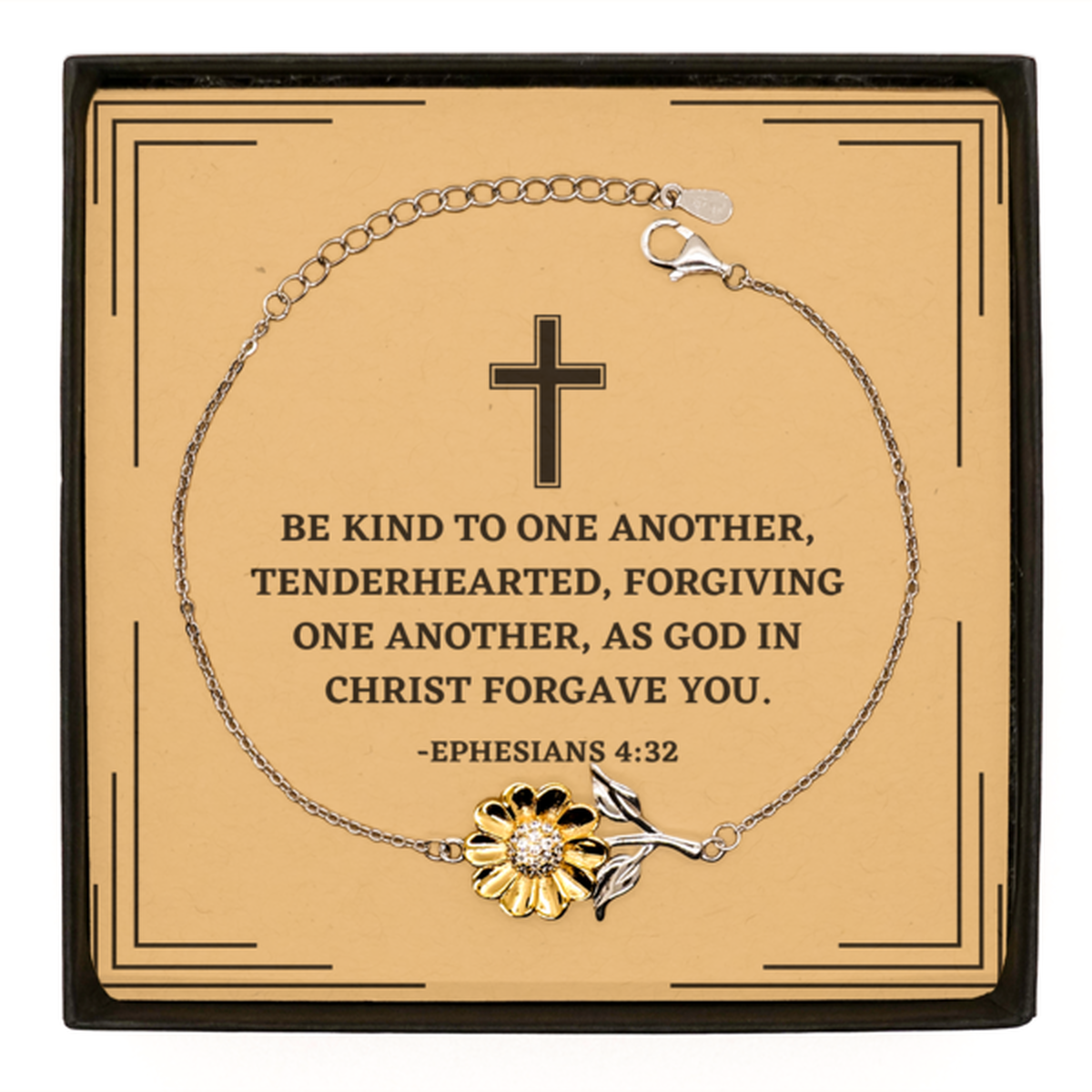 Baptism Gifts For Teenage Boys Girls, Christian Bible Verse Sterling Silver Sunflower Bracelet, Be kind to one another, Confirmation Gifts, Bible Verse Card for Son, Godson, Grandson