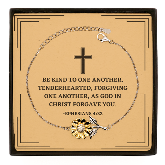 Baptism Gifts For Teenage Boys Girls, Christian Bible Verse Sterling Silver Sunflower Bracelet, Be kind to one another, Confirmation Gifts, Bible Verse Card for Son, Godson, Grandson