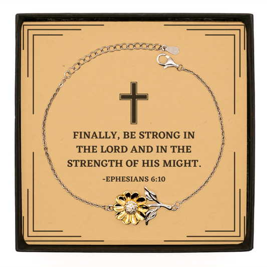 Baptism Gifts For Teenage Boys Girls, Christian Bible Verse Sterling Silver Sunflower Bracelet, Finally, be strong in the Lord Confirmation Gifts, Bible Verse Card for Son, Godson, Grandson