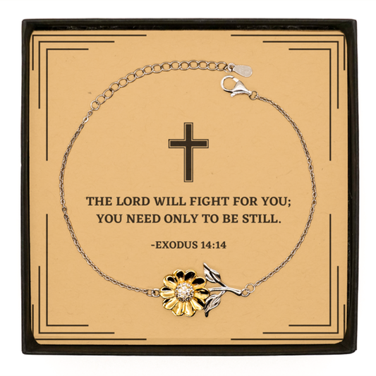 Baptism Gifts For Teenage Boys Girls, Christian Bible Verse Sterling Silver Sunflower Bracelet, The Lord will fight for you, Confirmation Gifts, Bible Verse Card for Son, Godson, Grandson