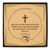 Load image into Gallery viewer, Baptism Gifts For Teenage Boys Girls, Christian Bible Verse Sterling Silver Sunflower Bracelet, And let us not grow weary, Confirmation Gifts, Bible Verse Card for Son, Godson, Grandson

